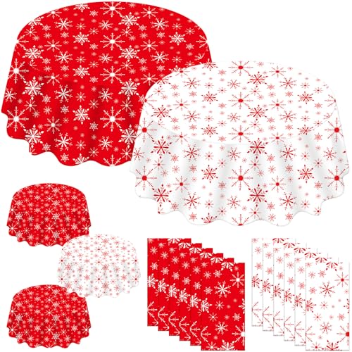 12 Pack Christmas Snowflake Tablecloths - Red & White, 80 Inch Round Plastic Holiday Table Cover - Winter Party Decor