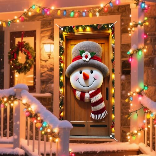 Christmas Front Door Cover Snowman Pattern Holiday Banner 35x71in Polyester