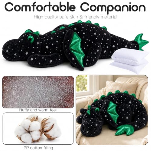 Giant Weighted Dragon Plush Toy - 35.4 Inch Black Green Cuddle Pillow