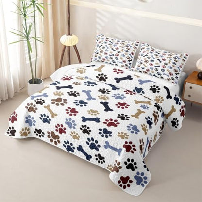 Navy Blue Brown Full Size Cartoon Paw Print Quilt Bedspread Set with Pillowcases