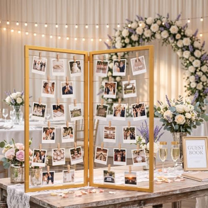 Gold Photo Display Board, Picture Collage Holder with Rope & Clips