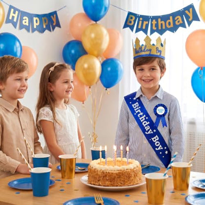 Blue Crown Set for Birthday Celebration - King Crown Hat with Sash & Badge