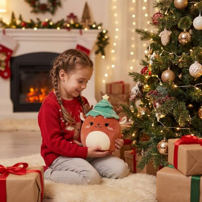Christmas Reindeer Plush Toy - 11-Inch Holiday Hug Pillow with Tree Hat