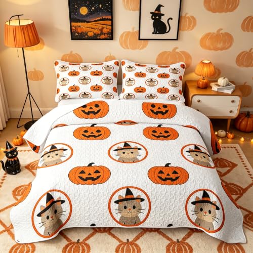 Feelyou Halloween Quilt Bedspread for Kids Girls & Boys Queen Size - Cream White & Tangerine Orange Bedding Set