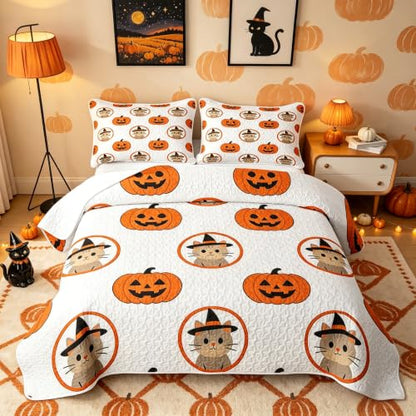 Feelyou Halloween Quilt Bedspread for Kids Girls & Boys Queen Size - Cream White & Tangerine Orange Bedding Set