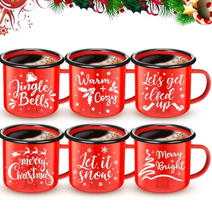Christmas Enamel Coffee Mug Set of 6 - Let It Snow Red Holiday Cups