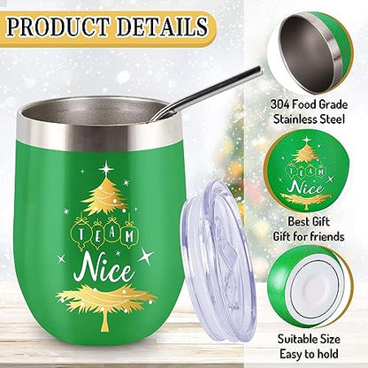 Christmas Stainless Steel Wine Tumblers Set with Lid & Straw - Naughty & Nice Team Cups, 12oz