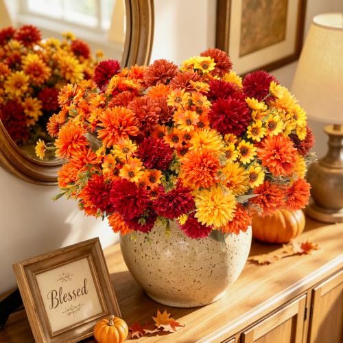 Artificial Fall Mums Flowers Set - 16 Pcs Indoor Outdoor Decor - A-16pcs