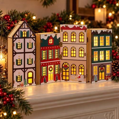 Foldable Wooden Christmas Village Decor with Built-in LED Lights - Rustic Holiday Scene