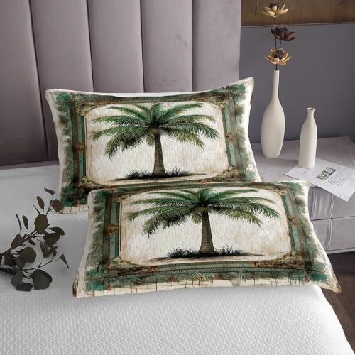 Green Coconut Tree Quilt Set Queen Size Bedspread with Pillowcases - Tropical Decor