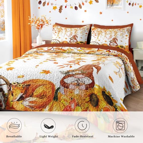 Queen Fall Quilt Set with Gnome Pattern, 3 Pieces Bedding Comforter