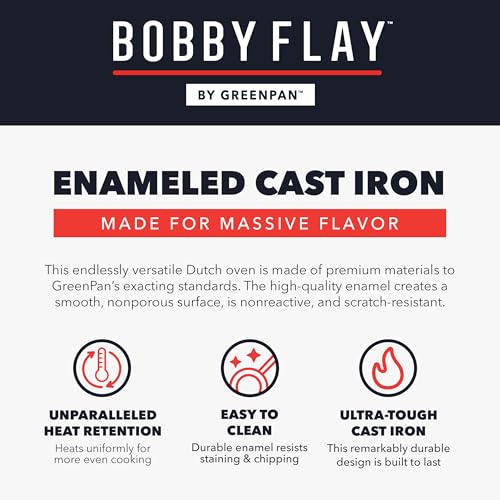 GreenPan x Bobby Flay 5.5QT Enameled Cast Iron Round Dutch Oven with Lid, Dual Handles, Oven Safe to 500F & Induction Suitable, Self Basting Lid, Ultra-Durable, Sear, Braising, Bread, Stews, Ivory