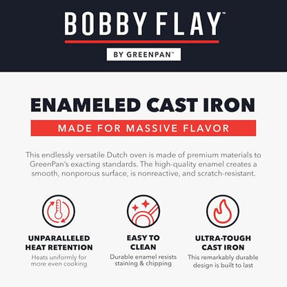 GreenPan x Bobby Flay 5.5QT Enameled Cast Iron Round Dutch Oven with Lid, Dual Handles, Oven Safe to 500F & Induction Suitable, Self Basting Lid, Ultra-Durable, Sear, Braising, Bread, Stews, Ivory