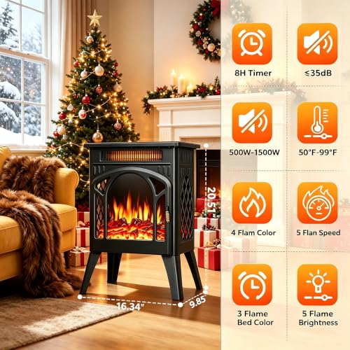 Dark Black 1500W Infrared Electric Fireplace Stove with 3D Flame & Remote
