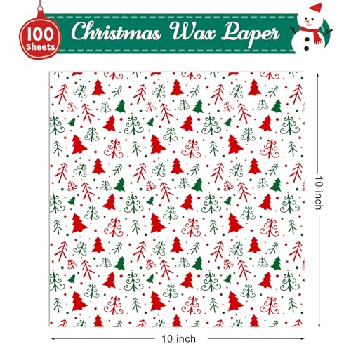 Christmas Wax Paper Sheets - Food-Grade, 10x10 Inches with Christmas Tree Pattern, 100 Sheets