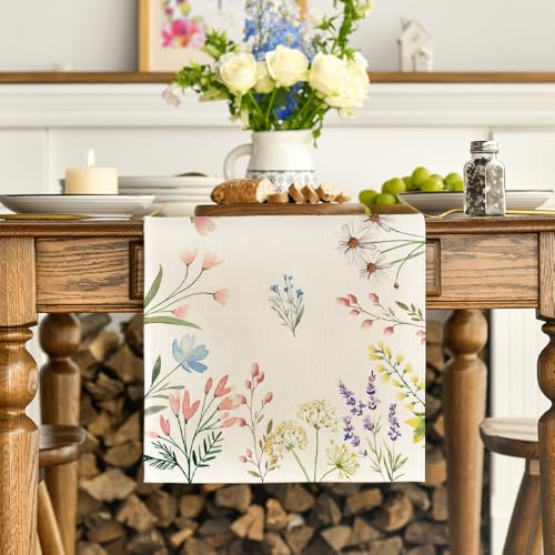 Artoid Mode Daisy Tulip Spring Table Runner - 13 x 90 Inch Beige Home Decor