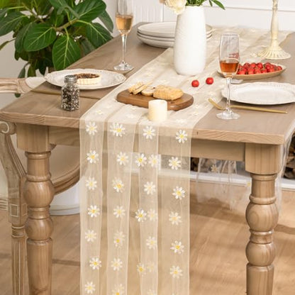 Beige Apricot Daisy Gauze Embroidery Table Runner 120 Inch for Dining & Holiday Decor