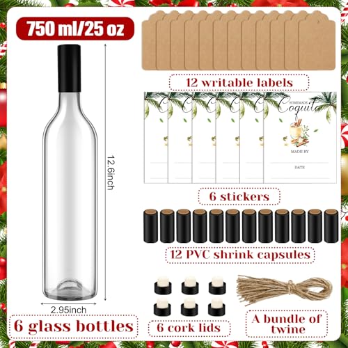 6 Pack Christmas Glass Coquito Bottles 25 oz with Airtight Caps & Stickers