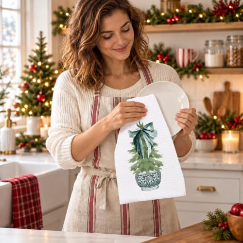 Christmas Green Chinoiserie Kitchen Towels - Dark Green Porcelain Tree Hand Towels, 16x24 Inch, Holiday Decor