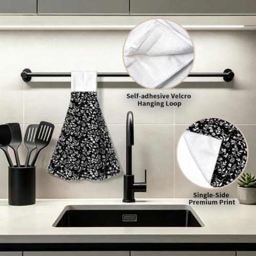 Black White Floral Hanging Kitchen Towels 2pcs Hand & Dish Drying Towels