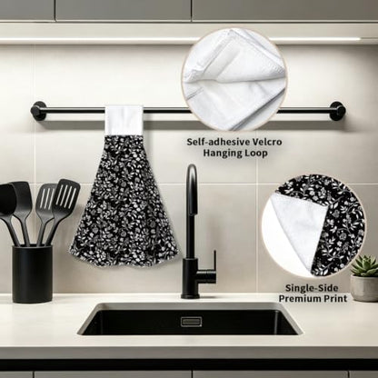Black White Floral Hanging Kitchen Towels 2pcs Hand & Dish Drying Towels