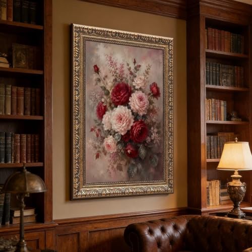 Vintage Gold Frame Canvas Wall Art - Red & Blush Rose Bouquet, 16"x24"