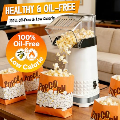 1200W Oil-Free Air Popcorn Maker - 4.5 Quart Capacity, White, Quick Ready