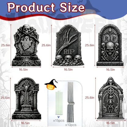 Halloween Tombstone Yard Decorations 5 Pack - Plastic Gravestones with Metal Stakes