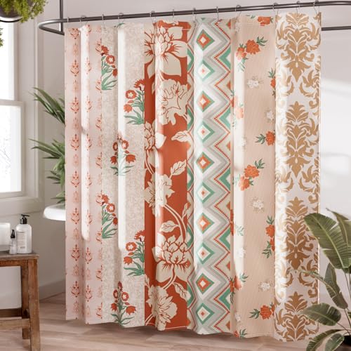 AmazerBath Floral Shower Curtain, 72x72 Washable Cloth Red Boho Flower Shower Curtains for Bathroom, Fabric Aesthetic Bohemia Shower Curtain Set with Hooks, Modern Decorative Stall RV Shower Curtain