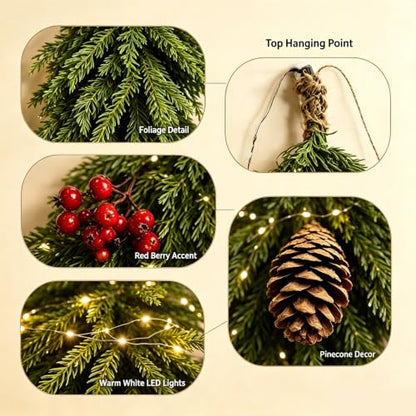 Pre-lit Cypress Teardrop Swag with Lights, Pinecones & Berries - Indoor Outdoor Christmas Decor