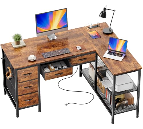 PRAISUN 47-Inch Rustic Brown L-Shaped Desk with Power Outlets & Fabric Drawers