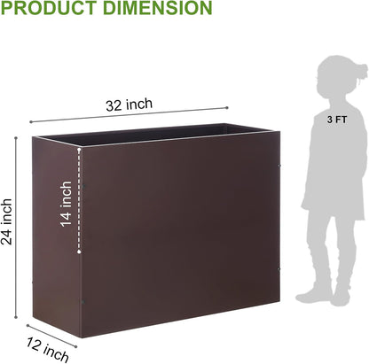 BAYN Metal Rectangular Planter Box - Modern Heavy-Duty Design with Drainage Holes | Brown, 32”x 12”x 24”