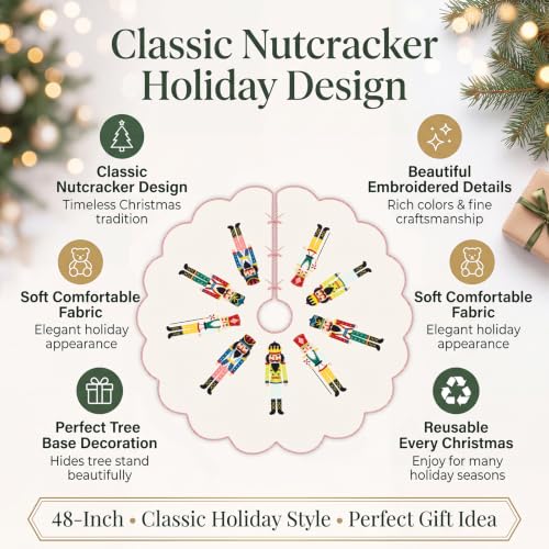 48 Inch Quilted Christmas Tree Skirt with Nutcracker Design - Holiday Decor