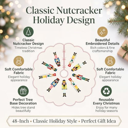 48 Inch Quilted Christmas Tree Skirt with Nutcracker Design - Holiday Decor