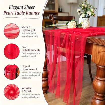 Pearl Red Table Runner 10FT - Tulle Gauze Decor for Weddings & Parties - Red / 1