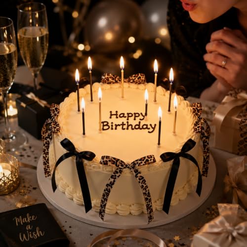 20 Pcs Black Satin and Leopard Print Ribbon Cake Toppers - Party Decor
