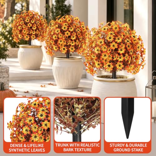Artificial Fall Mums Topiary Ball Tree with Ground Spike - Orange