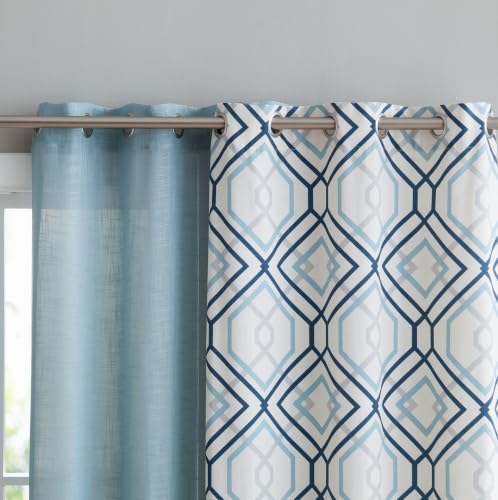 Aqua 4 Piece Geometric & Solid Grommet Top Window Curtain Set - 38 x 84 Inches