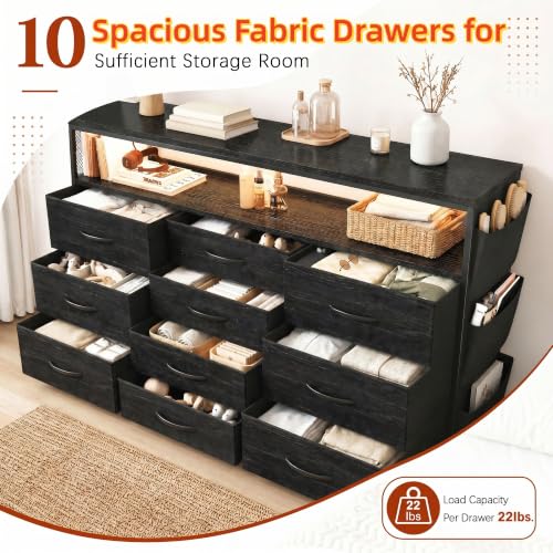 10-Drawer Dresser with LED Lights, Power Outlets & Black Variation