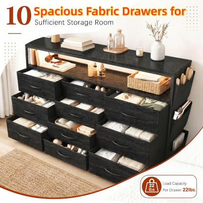 10-Drawer Dresser with LED Lights, Power Outlets & Black Variation