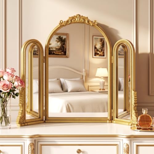 Wonderjune Vintage Gold Arched 3-Way Trifold Vanity Mirror - Baroque Style