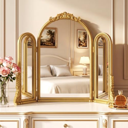 Wonderjune Vintage Gold Arched 3-Way Trifold Vanity Mirror - Baroque Style