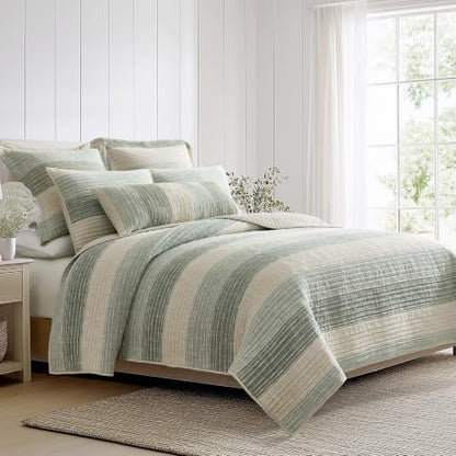 King Quilt Reversible Cotton Sand Stripes Sage Bedding 106x92in - Coastal Style