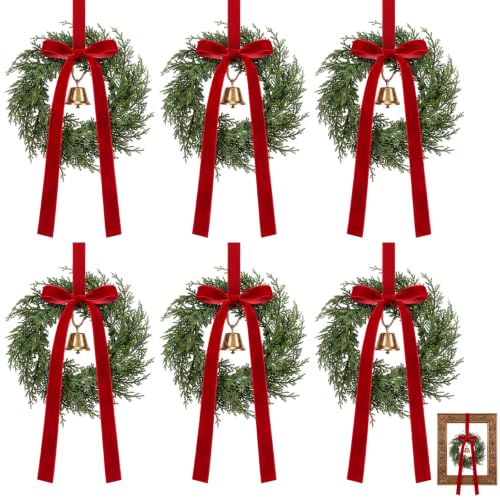 Mini Christmas Wreaths with Ribbon & Bell - 6 Inch Burgundy Set