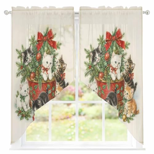 Green Beige Christmas Swag Curtains 2 Panels Set 45 Inch Length Window Valance