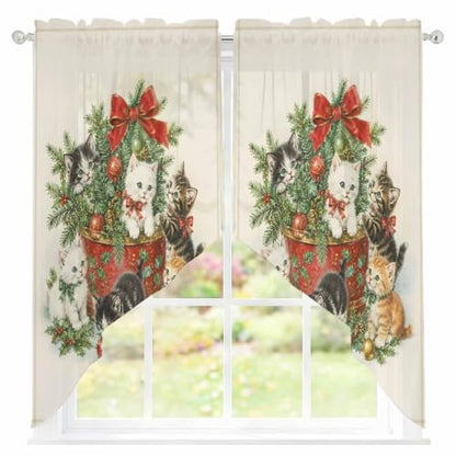 Green Beige Christmas Swag Curtains 2 Panels Set 45 Inch Length Window Valance