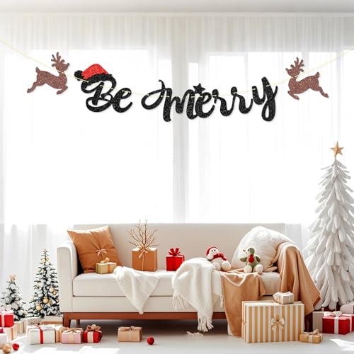 Festive Merry Christmas Banner with Glitter Elk and Tree Sign for Holiday Decor