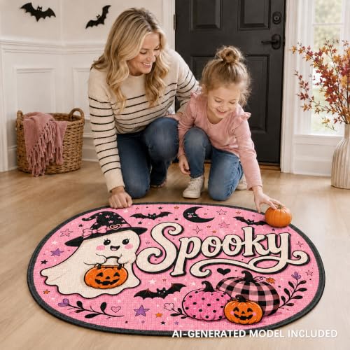 Nakupenda Halloween Ghost Bath Mat Pink Spooky Rug with Cute Ghost & Pumpkins