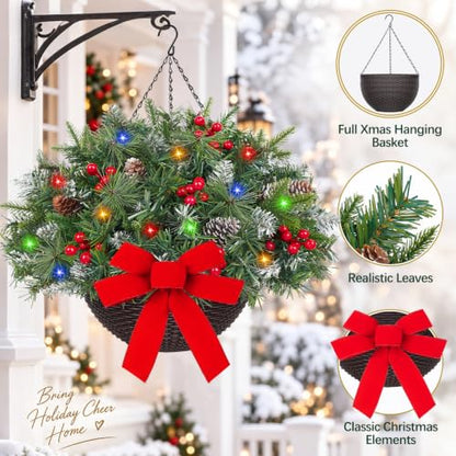 Artificial Christmas Hanging Basket with Lights and Bow - Green, 21 Inches