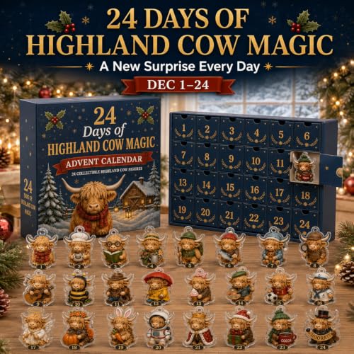 Highland Cow Advent Calendar 2026 - 24 Days Christmas Countdown Decor, Cow Figurines